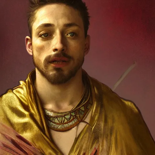 Prompt: Sam Hyde as a Roman warrior wearing gold and red armor, elegant suit, smoking a cigarette, portrait art by alphonse mucha and greg rutkowski, highly detailed, digital painting, concept art, illustration, dim lighting with twilight rays of sunlight, trending on artstation, very detailed, smooth, sharp focus, octane render, close up