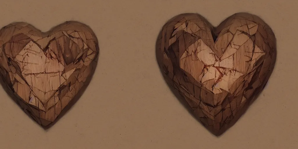 Prompt: realistic wooden heart design, character sheet, Greg Rutkowski, Zabrocki, Karlkka, Jayison Devadas, Phuoc Quan, trending on Artstation, 8K, ultra wide angle, zenith view, pincushion lens effect