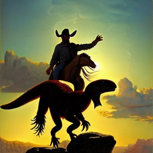 Image similar to a cowboy riding a utahraptor at sunset by Alfred Bierstadt, oil painting, highly detailed, artstation