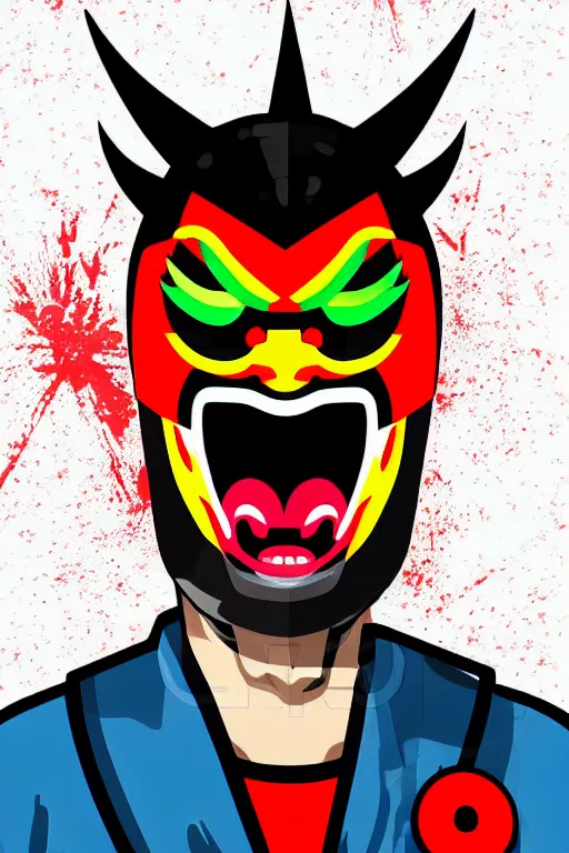 Prompt: guy with japan devil mask, pop art, pixel, gta vice city style, stock picture quality, glowing lights, face features, ultrarealistic details, digital painting, trending artstation, concept art, smooth, sharp focus, illustration, intecration details, art by mark millar and richard hamilton and mimmo rottela, kirokaze and paul robertson