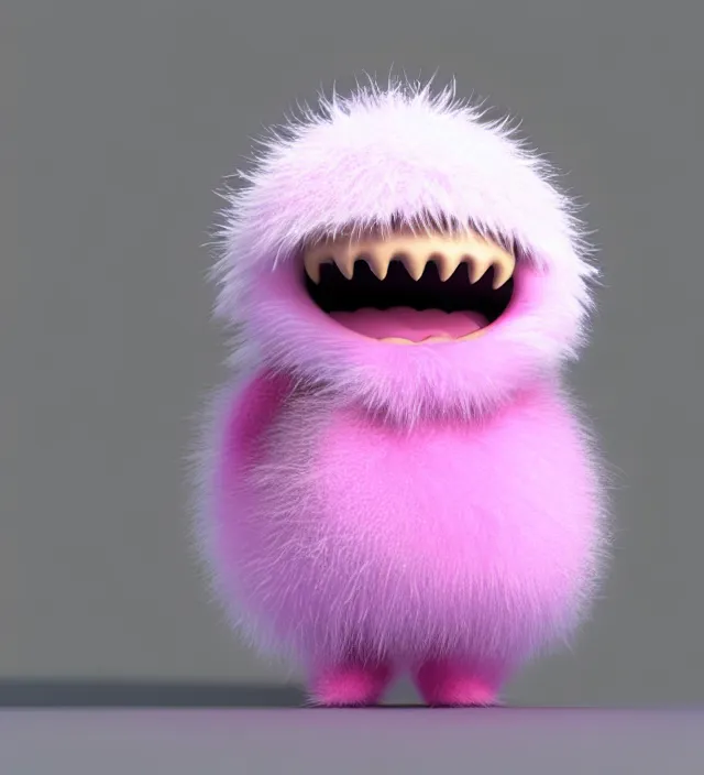 Image similar to high quality 3 d render hyperrealistic very cute big pink little spherical creature with big happy mouth an tooth, plush mascot, short spiky dense fluffy smooth hair, isometric 3 d, pink fluffy fur, 1 5 0 mm, beautiful natural soft light, rim light, smooth background, artstation, ultra detailed, elegant, ultra detailed, metallic armor, octane render