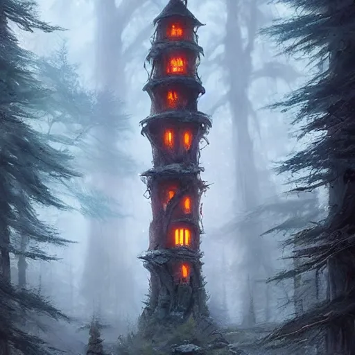 Prompt: a magical tower in the middle of the woods, magical forest, by Jordan Grimmer and greg rutkowski, crisp lines and color,