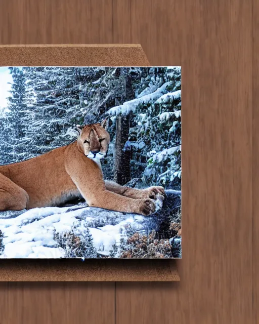 Image similar to ripped up postcard showing 'a cougar sleeping in the middle of snowy pine tree' laying on coffee table, zoomed out shot, HD, iphone capture, rips, tears