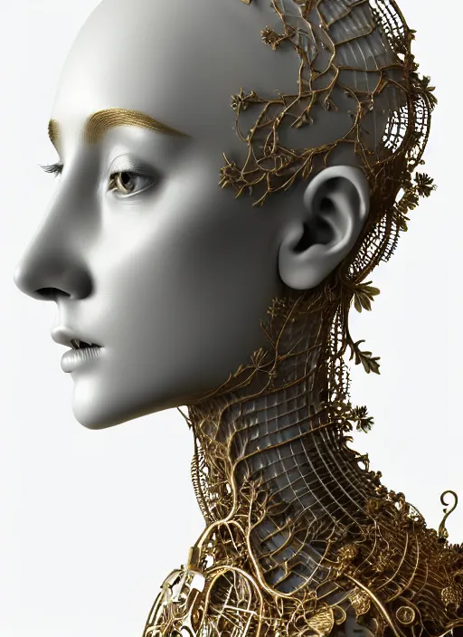 Prompt: complex 3d render ultra detailed of a beautiful porcelain profile woman face, mechanical cyborg, 150 mm, beautiful natural soft light, rim light, silver gold details, ghost orchid big leaves and stems, roots, fine foliage lace, maze like, mesh wire, white metal neocubism armor, intricate details, hyperrealistic, ultra detailed, mandelbrot fractal, anatomical, red lips, facial muscles, cable wires, microchip, elegant, octane render, H.R. Giger style, 8k