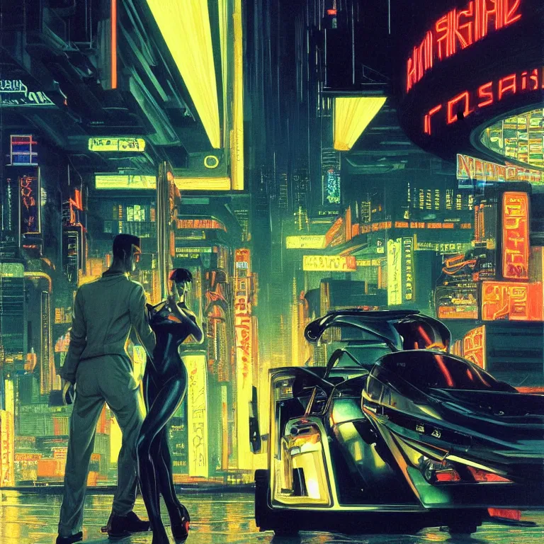 Prompt: scene of night life with people dressed in futuristic clothes, cyberpunk designs, vehicles, automations, and faint glows of vivid color, cinematic, highly detailed, intricate, hd quality, realism, from blade runner concept art, acrylic on canvas, digital art, by syd mead and edward hopper and noriyoshi ohrai