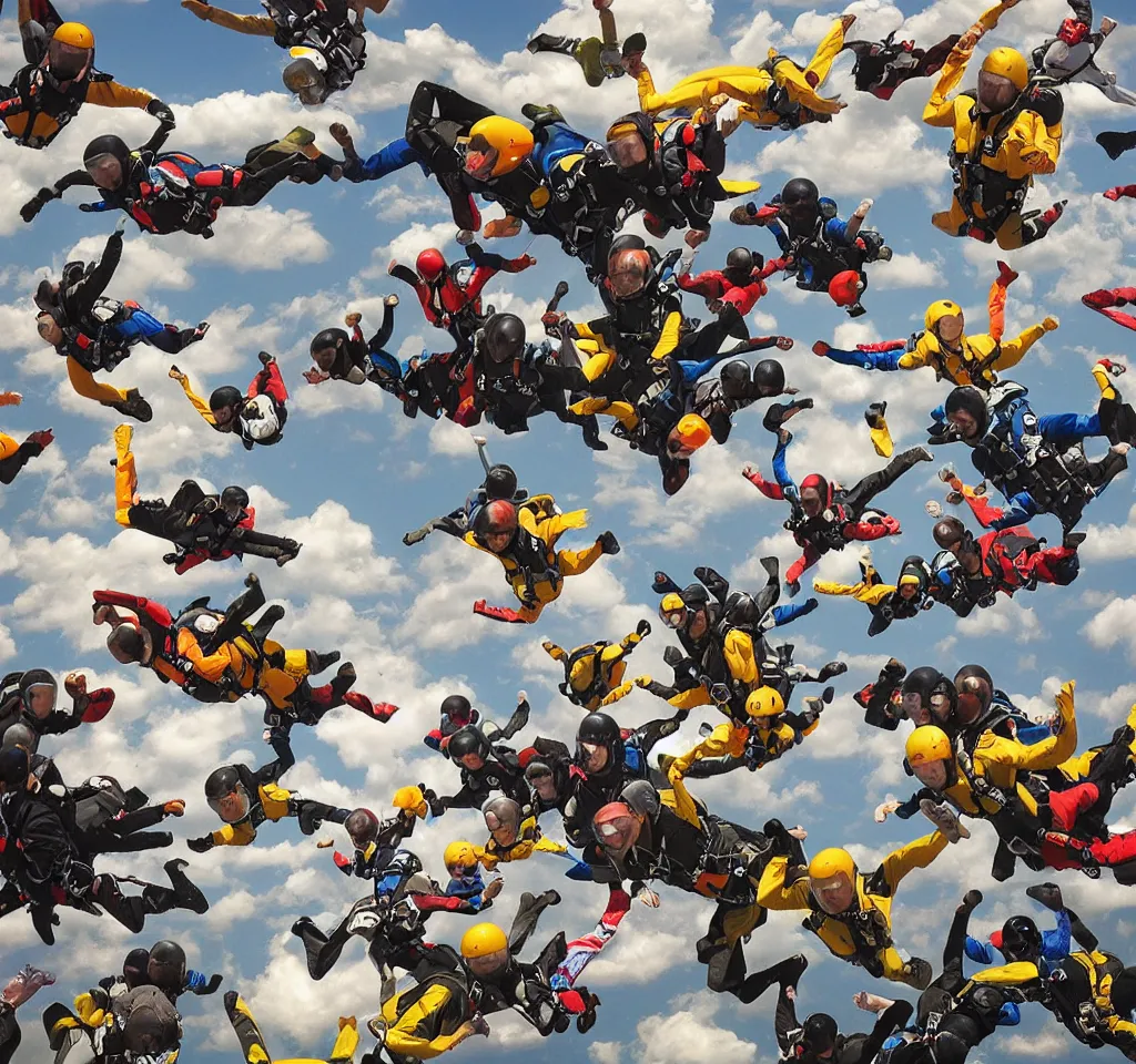 Prompt: many cats doing skydive from a big plane digital art, smooth, focus, highly detailed, hyper realistic