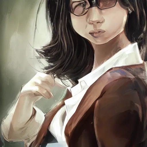 Image similar to female lawyer, business suit, brown neat hair, pixiv, fanbox, trending on artstation, digital painting, portrait, defense attorney, modern, sleek, highly detailed, formal, serious, determined, competent, colorized