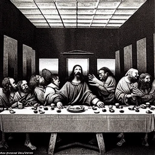 Image similar to Award Winning Editorial Masterpiece picture of a new York Soup Kitchen by David Bailey CBE, Composition The Last Supper daVinci