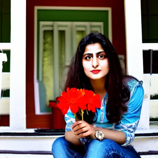 Prompt: a beautiful portrait of actress rabia soyturk sitting on the porch holding a flower, in front of the house