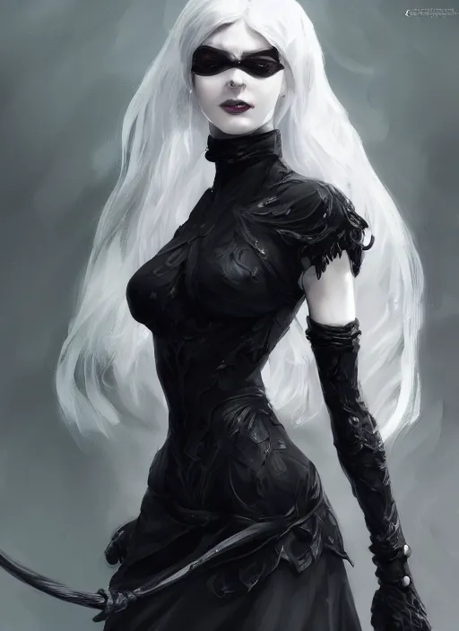 Image similar to a highly detailed illustration of white haired pale lady wearing black blindfold, dramatic standing pose, intricate, elegant, highly detailed, centered, digital painting, artstation, concept art, smooth, sharp focus, league of legends concept art, wlop