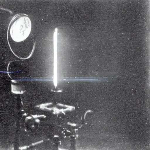 Image similar to grainy 1800s photo of a mechanical apparatus that is projecting a hologram used to communicate with an artificial intelligence