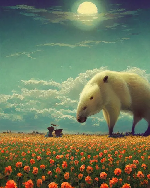 Prompt: white capybara!! looking at the sun in a flower field, surreal photography, sunrise dramatic light, impressionist painting, colorful clouds, digital painting, artstation, kilian eng, john harris, bastien lecouffe - deharme, simon stalenhag, flower face