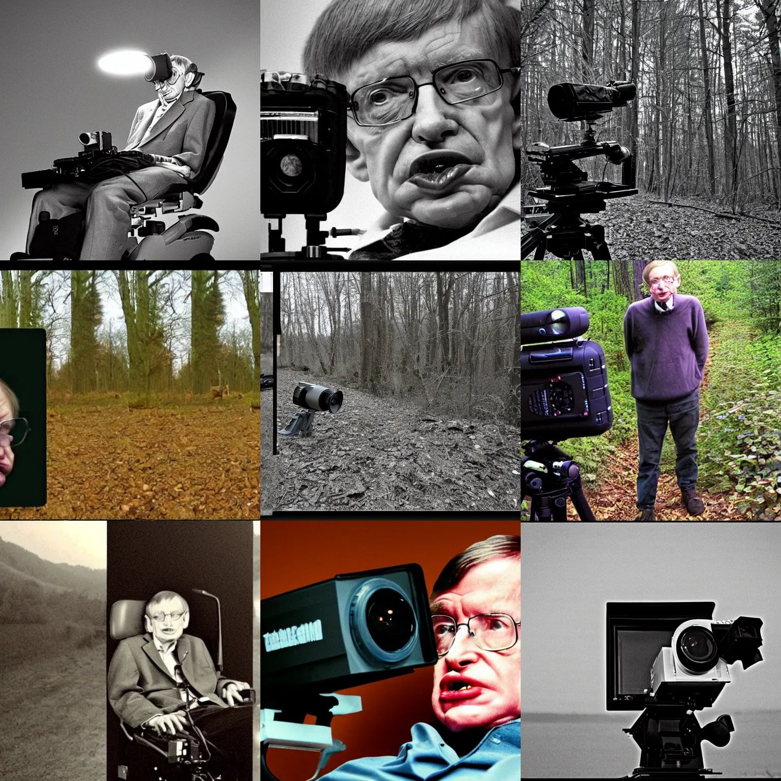 Prompt: trail cam footage of stephen hawking, telephoto long distance shot, nightvision, low light, vignetting, creepy