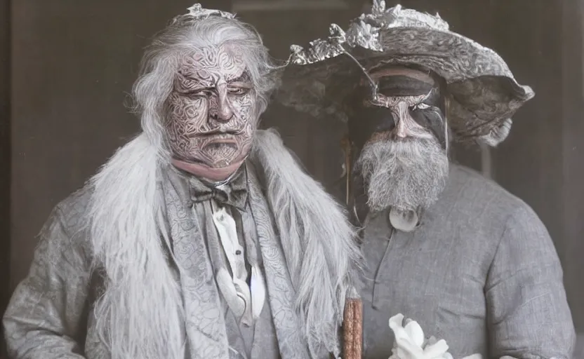 Prompt: a burly man in a gentleman's dress. he has long gray hair and a silver mask on his face. the mask has beautiful patterns. he wears white gloves and holds a walking stick inlaid with ruby.