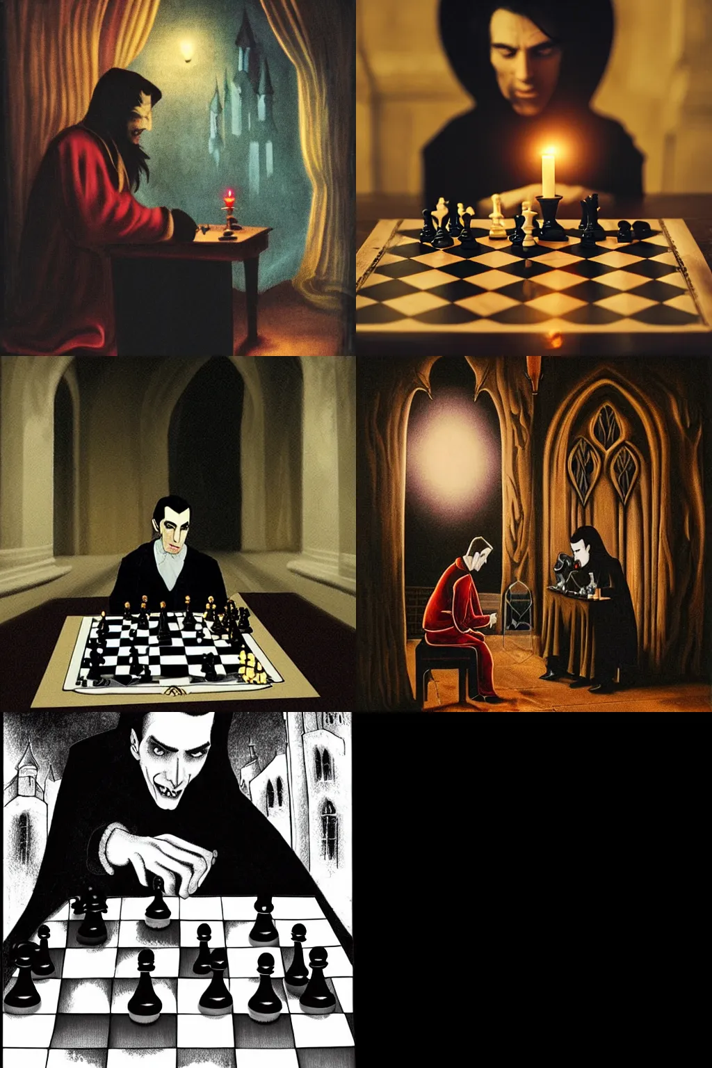 Prompt: count Dracula plays chess alone, melancolicly in a dark, gothic castle at candle light