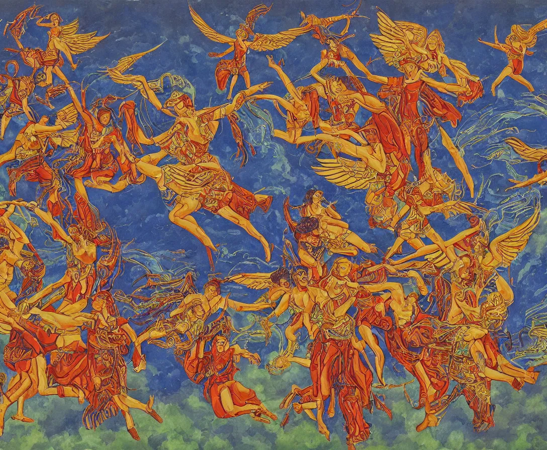 Image similar to sacred angels fighting in the skies of seattle, gouache, stylised, by mati klarwein and moebius