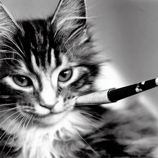 Image similar to close up of a maine coon kitten smoking a sigar, ww 2, black & white