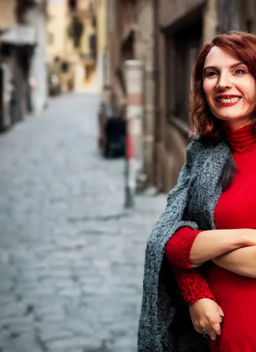 Image similar to color portrait of a beautiful 35-year-old smiling Italian woman, wearing a red outfit, candid street portrait in the style of annie leibovitz close up, detailed, award winning, Sony a7R