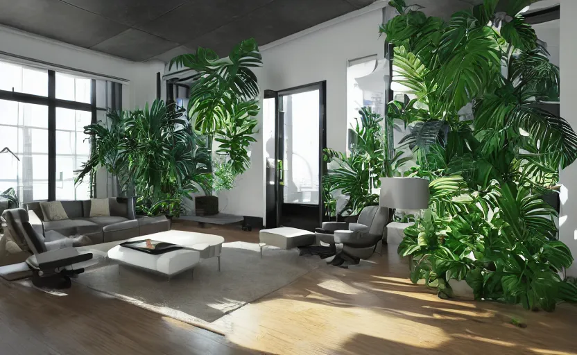 Image similar to empty room architecturaldigest interior, big widescren tv screen in the middle, tropical indoor plants, open shiny floor, v - ray render, high contras