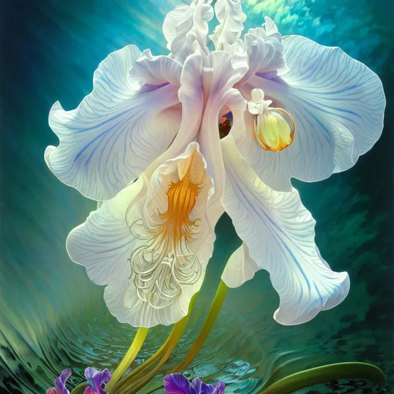 Image similar to detailed giant white holographic orchid iris hybrid flower surrounded by ocean waves, lsd water, lsd ripples, droplets, backlit, sunset, refracted lighting, art by collier, albert aublet, krenz cushart, artem demura, alphonse mucha