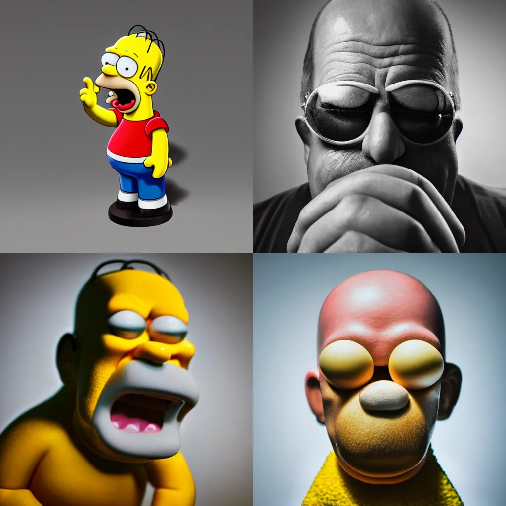 Prompt: close up of Homer Simpson, DSLR, 24mm lens, photography, studio lighting, hyper realism,