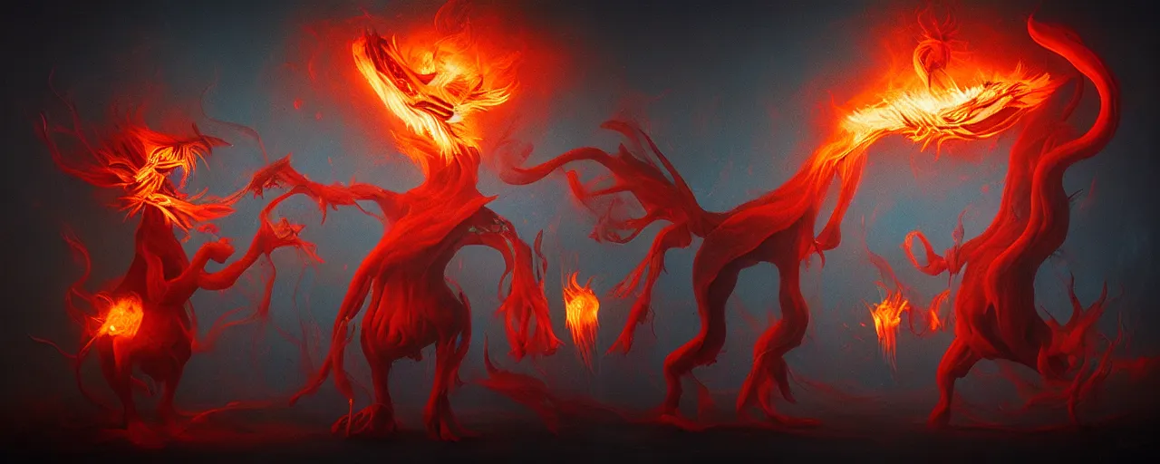 Image similar to whimsical fiery alchemical creatures, surreal dark uncanny painting by ronny khalil