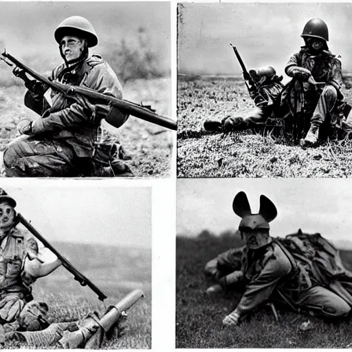 Image similar to old restored photos from the world war, kangaroos and spiders wearing helmets and rifle's, war, battle, realistic