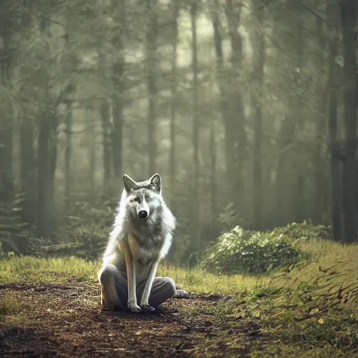 Image similar to realistic wolf fursuit, meditating in the forest, in the morning, fog, ambient light, photo