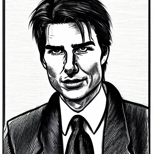 Image similar to a portrait drawing of Tom Cruise drawn by Robert Crumb