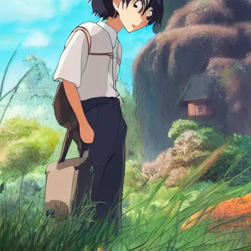 Prompt: friendly guy and small creature , with Fragile looking character portrait face made by Studio Ghibli highly detailed art, beautiful scene, sharp focus, smooth, 8k, anime art