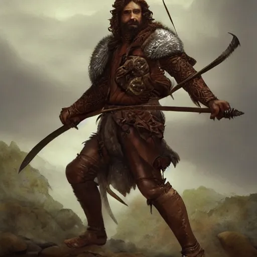 Image similar to renaissance full body portrait of a gruff ranger with a spear, lean and toned, handsome face, hairy chest and hairy body, D&D, intricate, elegant, highly detailed, digital painting, artstation, concept art, matte, sharp focus, chiaroscuro, well list, illustration, art by Da Vinci, Artgerm and Greg Rutkowski and Alphonse Mucha