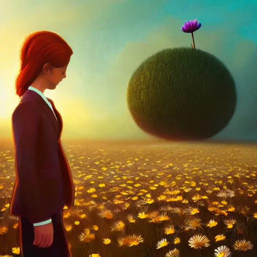 Prompt: giant daisy flower head, frontal, a girl in suit, surreal photography, sunrise, dramatic light, impressionist painting, digital painting, artstation, simon stalenhag