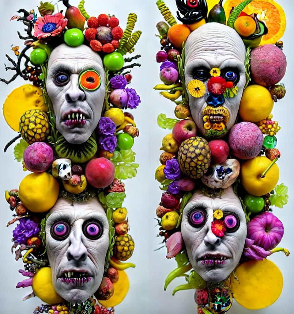 Image similar to portrait of a trickster nature spirit, undead, head made of fruits and jewels and flowers in the style of guiseppe arcimboldo, philip taaffe, david altmejd, pop art, action figure, clay sculpture, claymation, gray and yellow and pink, rainbow stripe background