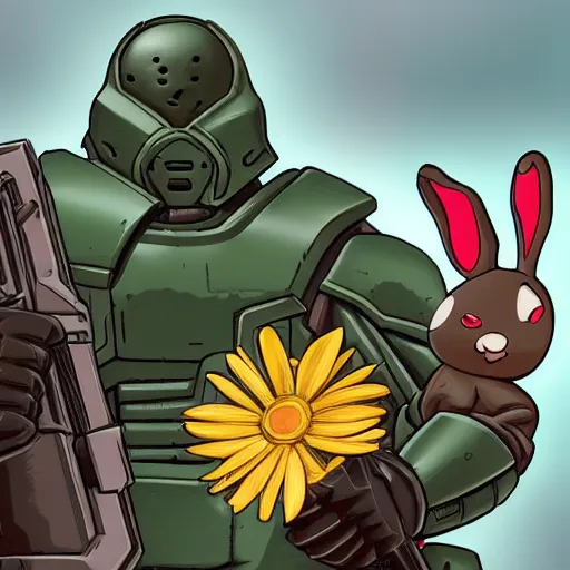 Prompt: doomslayer with rabbit daisy