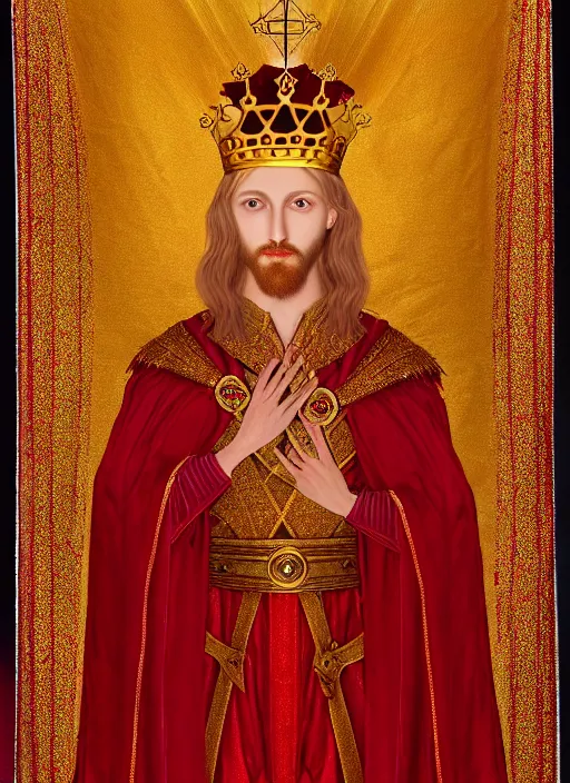 Image similar to 'Portrait of Crowned King Arthur' royally decorated, whirling plasma, atmospheric motes, red and gold Sumptuous garb, gilt silk fabric, radiant colors, fantasy, perfect lighting, studio lit, micro details,