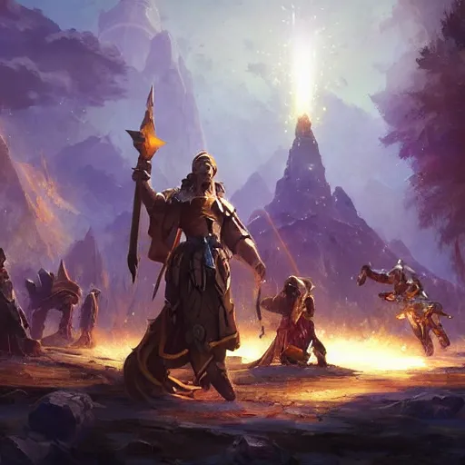 Prompt: a glowing holy light beam pillar strike from the sky, warriors on the ground, hearthstone art style, epic fantasy style art by Craig Mullins, fantasy epic digital art, epic fantasy card game art by Greg Rutkowski