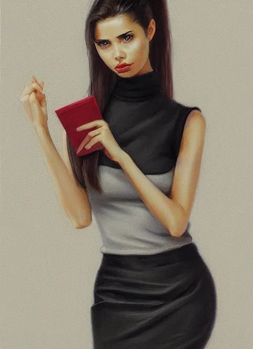 Prompt: concept art of a modern office life, young attractive business woman in pencil miniskirt and sleeveless turtleneck, pinterest, misa amane, adriana lima, artstation trending, behance, highly detailed, by rembrandt, by konstantin razumov