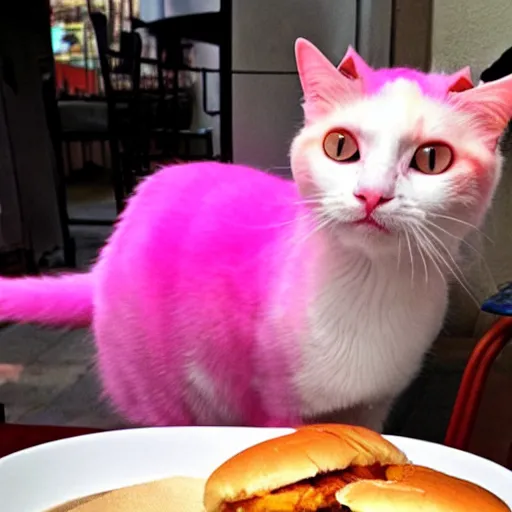 Image similar to photo of a pink cat eating a hamburger