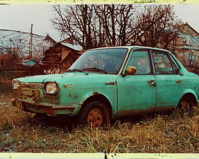 Image similar to a lomographic photo of old lada 2 1 0 7 standing in typical soviet yard in small town, hrushevka on background, cinestill, bokeh