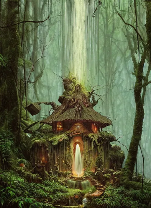 Image similar to a hyper realistic architectural witch shrine under a waterfall in the woods, gorgeous lighting, lush forest foliage, painting by chiara bautista and tom bagshaw, muca beksinski and norman rockwell and greg rutkowski weta studio, and lucasfilm