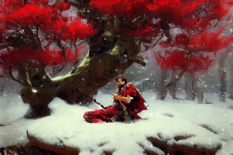 Prompt: a male warrior relaxing under a huge tree with red flowers, god ray, ground covered with snow, extreme long shot, fantasy, painting by gaston bussiere, craig mullins, j. c. leyendecker, trending on artstation