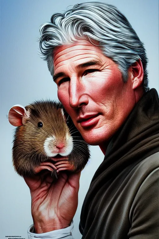 Image similar to richard gere poses next to a huge gerbil, highly detailed realistic portrait, digital concept art, cinematic lighting, photorealistic 8 k by artgerm and yoshitaka amano