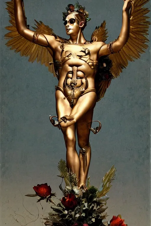 Image similar to a young handsome Spanish metal android with a large glowing battery in the center of his chest in a full-body bronze cyberpunk style statue of Icarus with glowing blue eyes, crown of peach roses, flowing teal-colored silk, fabric, flowers. baroque elements, human skull. full-length view. baroque element. intricate artwork by caravaggio. many many birds birds on background. Trending on artstation, octane render, cinematic lighting from the right, hyper realism, octane render, 8k, depth of field, 3D