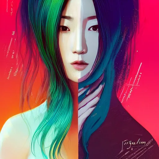 Prompt: half - electric jun ji hyun with cute - fine - face, pretty face, oil slick multicolored hair, perfect face, extremely fine details, volumetric lighting, dynamic background, poster by ilya kuvshinov katsuhiro otomo, magali villeneuve, artgerm, jeremy lipkin and michael garmash and rob rey, and silvain sarrailh