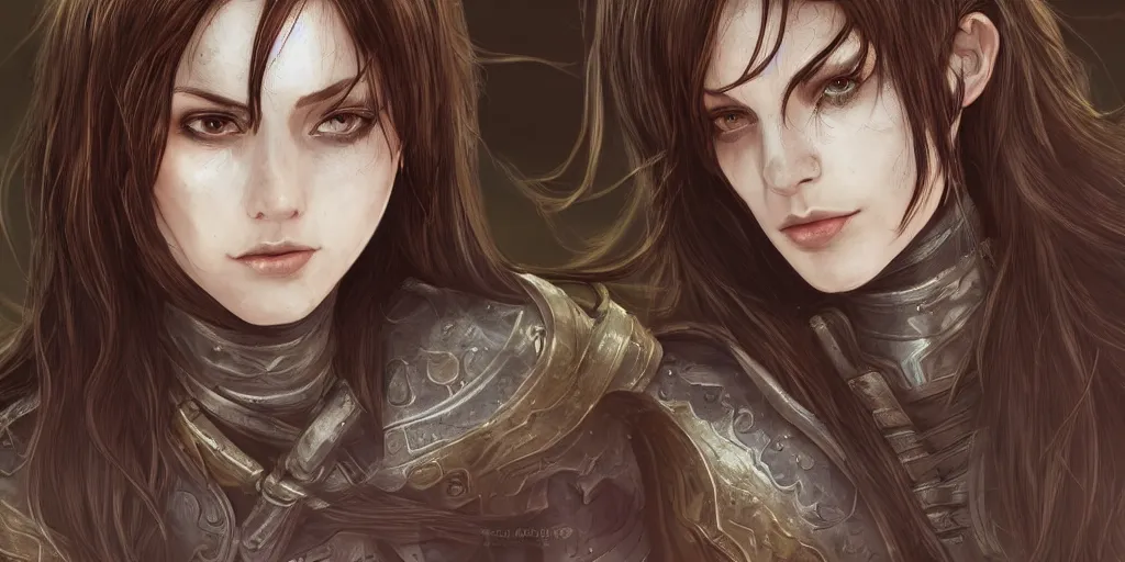 Prompt: 2 5 years old women : : dark straight hair : : overwheight, brown medieval cloting, light armor, natural materials : : high detail, digital art, illustration, realistic, rpg, fantasy