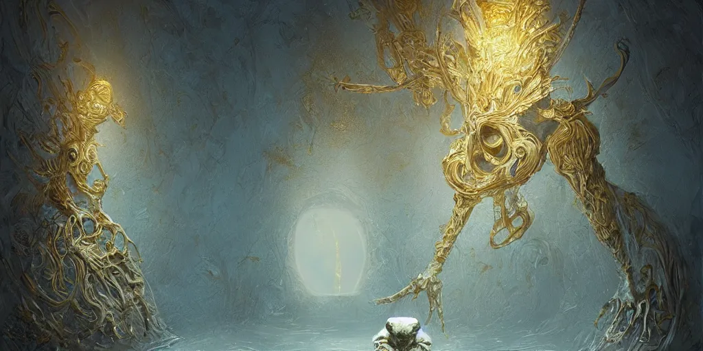 Image similar to creature made of white porcelain with edges made of gold, in a giant blue porcelain hallways with golden ornaments on the walls, concept art, artstation, beksinski, style by anato finnstark,