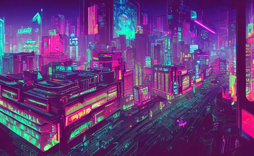 Prompt: Wide angle shot of a cyberpunk city with neon lights and holographic fishes floating in the sky by James Gilleard, Mark Ryden, Wolfgang Lettl highly detailed