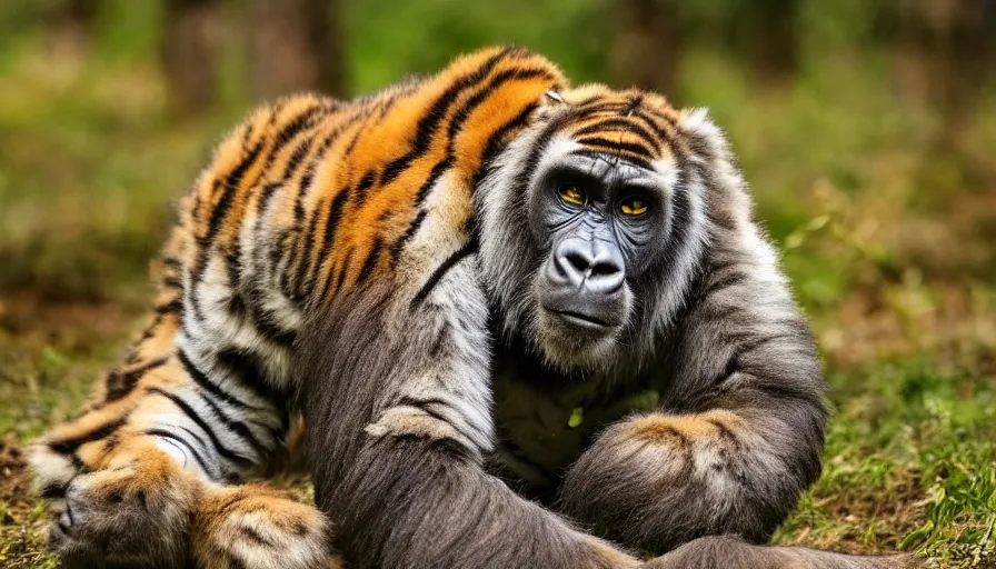 Image similar to a tiger gorilla!!! hybrid! hyper realistic!! realistic lighting!! wildlife photographer of the year!!! bold natural colors, national geographic, hd, wide angle, 8 k