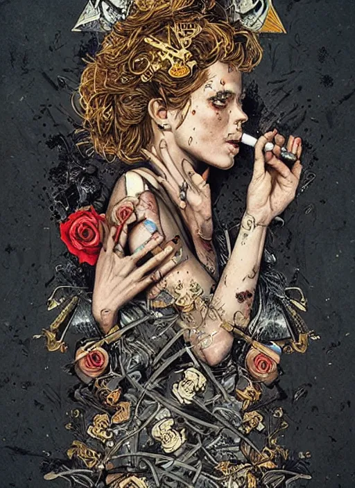 Image similar to tarot card :: horror :: hearts and roses :: aliens and sea :: cigarettes and smoke :: gold and silver :: guns and swords :: highly details :: intricate details :: Sandra Chevrier and bastien lecouffe deharme