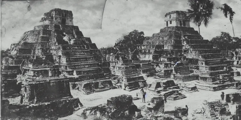 Image similar to black and white old 1 9 3 0 s damaged polaroid photo of a real alien with mayans in the ruins of tikal